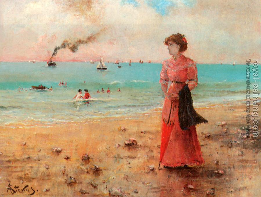 Alfred Stevens : Jeune femme a l'ombrelle rouge au bord de la mer